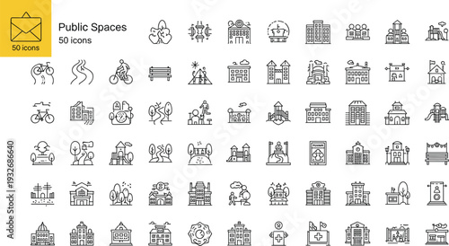 Public Spaces and City Infrastructure Line Icons Set Isolated on White Background for Urban Buildings, Parks, and Community Facilities Design