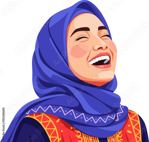 Radiantly joyful muslim woman in a blue hijab laughing heartily with pure emotion and authentic happiness