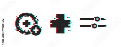 Medical cross icons with adjustment sliders and badges. Glitch effect