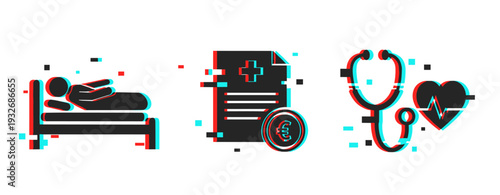 Patient resting with medical bill and stethoscope icons. Glitch effect