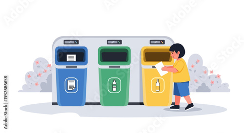 A child sorting waste into recycling bins in a modern urban environment from a side view