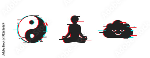Yin yang meditating figure and cloud icons on white background. Glitch effect