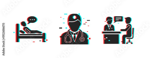 Patient lying with doctor consultation and medical portrait. Glitch effect