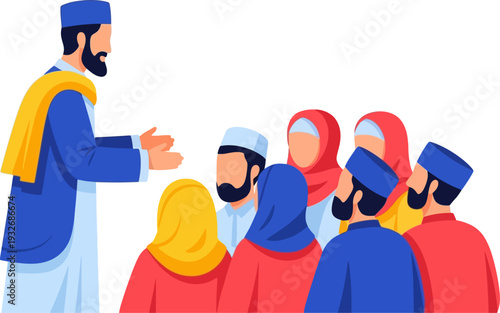 Respected imam or community leader addressing a diverse audience with wisdom and guidance