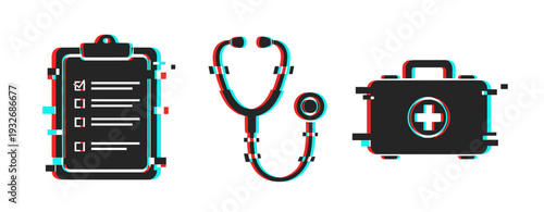 Medical icons displayed with glitch effect on white background. Glitch effect