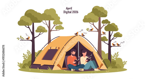 Couple relaxing in a tent surrounded by trees in a serene forest environment from an exterior viewpoint