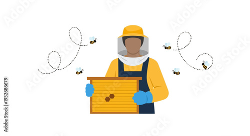 Beekeeper in protective suit holding honeycomb frame with bees flying around, viewed from the front
