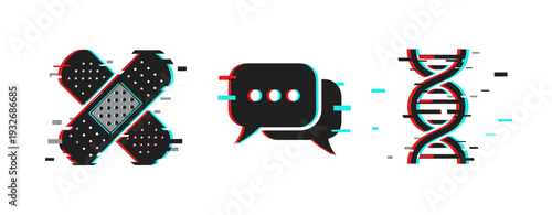 Healthcare symbols indicating wound care communication and genetics. Glitch effect
