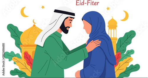 Respectful greeting between a traditional arab man and a woman in a blue hijab set against a backdrop of golden mosque minarets