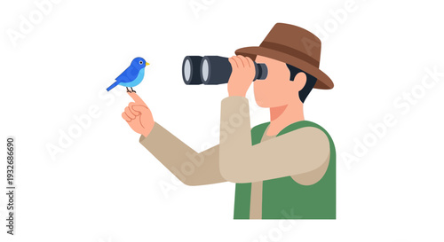 Man observing bird through binoculars in outdoor setting vector illustration