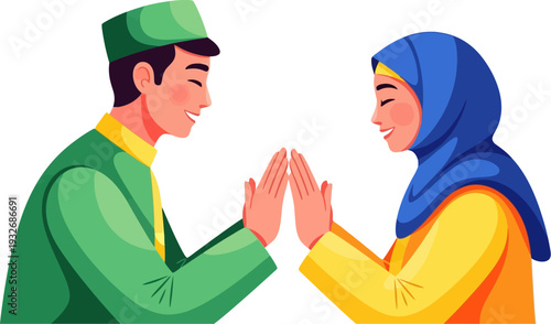 Respectful traditional greeting between a man and woman in islamic attire exchanging a polite gesture in a clean profile vector illustration