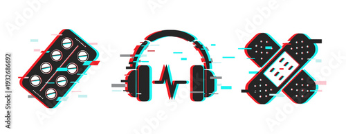 Health and wellness icons showing medication audio and wound care. Glitch effect