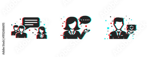 Business communication person speaking group discussion and support. Glitch effect