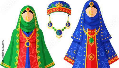 Regal display of ornate traditional islamic womens fashion featuring intricate embroidery and a golden crescent moon necklace in a sophisticated flat vector style