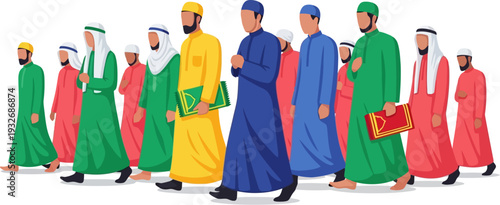 Solemn procession of men in traditional thobes walking towards the mosque for communal prayers in a minimalist flat vector