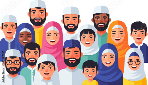 Vibrant and inclusive assembly of diverse muslim people smiling together in a spirit of community and unity in a modern flat vector style