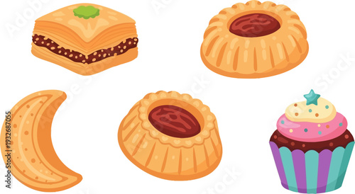 Vibrant collection of various festive treats including a crescent moon cookie stuffed pastries and a colorful celebratory cupcake