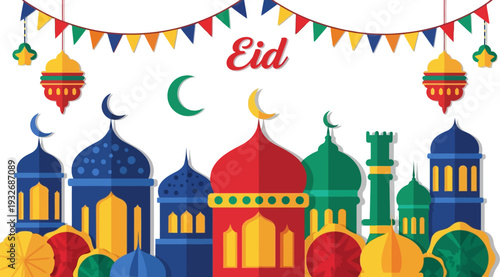 Vibrant islamic cityscape with colorful mosque domes minarets and festive bunting for eid celebrations