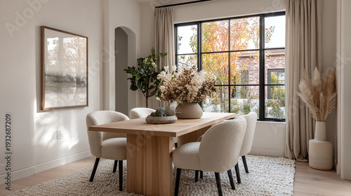 cozy minimalist dining room in scandinavian style with wooden table beige chairs dried flowers and bright natural light from a large window in a modern residential home
