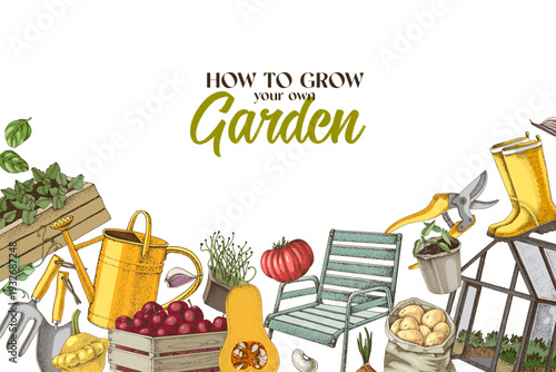 Gardening tools and plants vector set