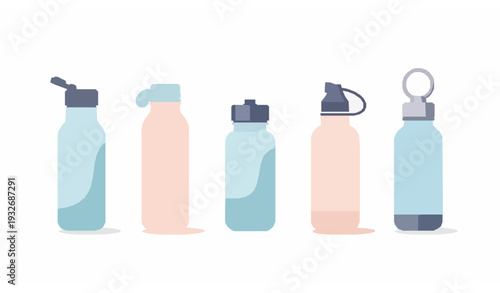 Modern Reusable Water Bottle Collection Flat Vector Set Isolated on White Background