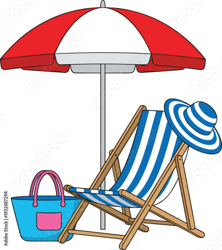 Red and white beach umbrella with striped deck chair plus blue sun hat and summer bag flat vector illustration on white background, summer vacation concept