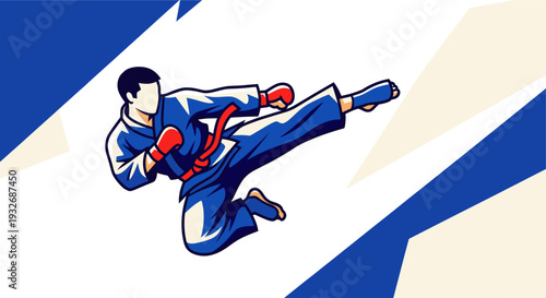 Digitally rendered karate athlete in blue uniform, red belt, and gloves executing a powerful kick, set against a modern, geometric background. Perfect for martial arts or sports themed designs.