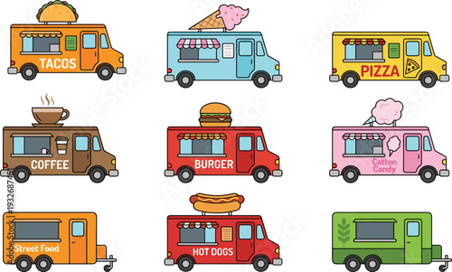 Set of colorful food trucks and trailers including tacos pizza coffee burgers hot dogs and ice cream flat vector illustration, street food