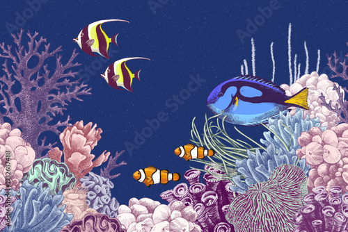 Underthesea vector background with coral reef and fishes