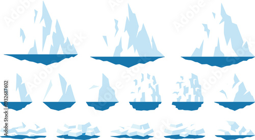 Set of flat vector icebergs and glacier peaks in blue ocean water, arctic landscape elements for game design, isolated icons, flat vector illustration.