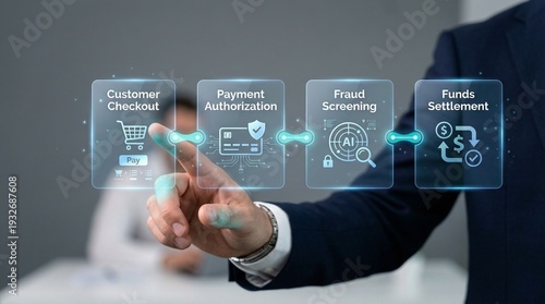 Businessman interacting with digital payment processing interface