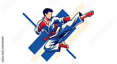 Dynamic cartoon illustration of a Karate athlete kicking against a blue geometric background, red gloves and belt emphasizing the energy, use for sport and martial arts designs.