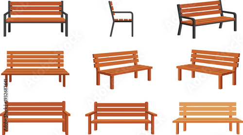 Set of flat vector wooden park benches, outdoor street furniture icons, isolated garden seating elements, public park chair collection, flat vector illustration.