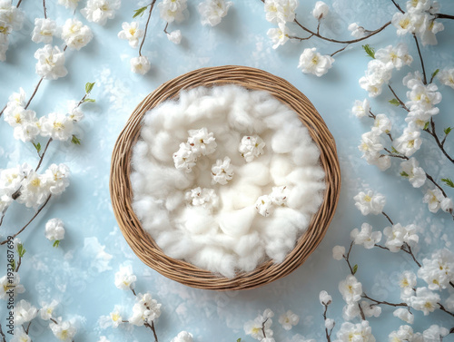 White wool soft fiber wicker basket cherry blossom spring flower pastel background baby prop cozy texture top view floral decor White wool wicker basket with cherry blossom pastel background