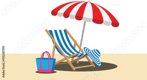 Summer beach vacation set with red striped umbrella plus blue deck chair and sun hat with bag flat vector illustration, sand background