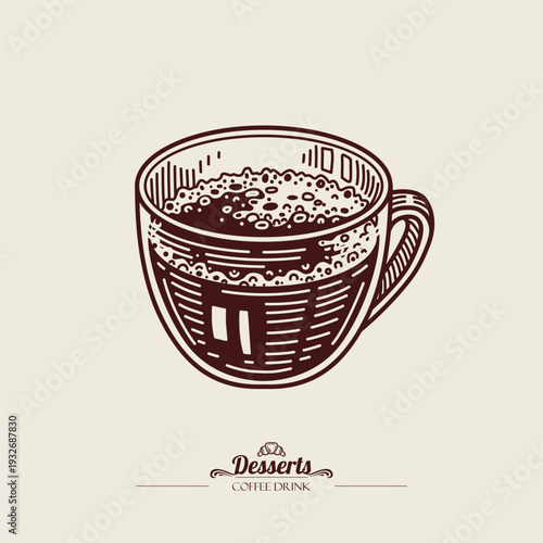 Espresso with Crema in Glass Cup. Hot Coffee Drink. Americano with Foam. Line art illustration, sketch style.