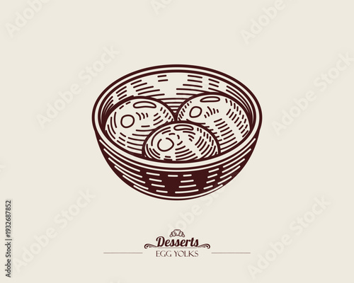 Three egg yolks in a bowl. Line art illustration, sketch style.