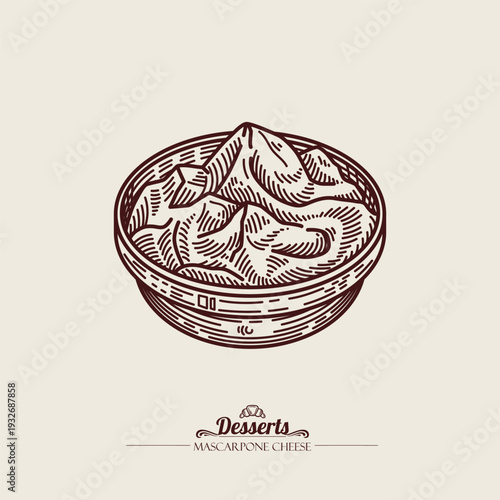 Mascarpone cream cheese in a glass bowl. Line art illustration, sketch style.