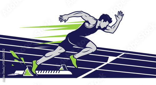 An illustration of a sprinter starting a race from starting blocks on a blue and white track, featuring speed streaks and a dynamic composition.