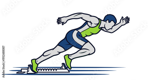 Dynamic illustration of a sprinter launching from starting blocks, rendered in shades of blue, green and gray, conveying speed and competition.