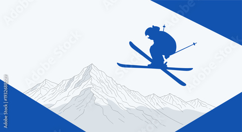 Illustration of a skier silhouetted in blue jumping over hand-drawn mountains, with geometric shapes for a modern and graphic design perfect for winter sports or travel.