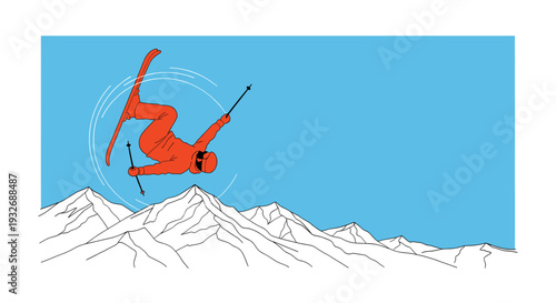 Illustration of a skier wearing orange, performing a freestyle trick in mid-air over snow-covered mountain peaks against a clear blue sky, perfect for winter sports or adventurous themes.