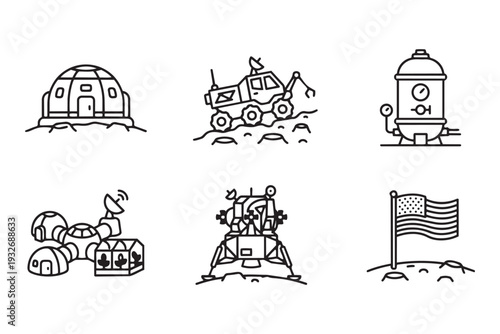 Lunar Colonization, Moon Base and Space Settlement Infrastructure Minimalist Mono-line Icon Set Vector Illustration