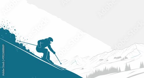 A stylized illustration depicts a skier in teal slicing down a snowy mountain slope, creating a spray of powder, with a detailed mountain range in the background.