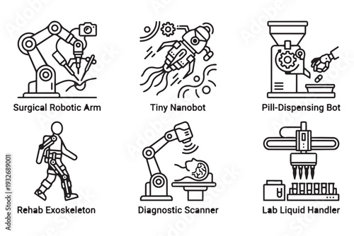 Medical Robotics, Autonomous Surgery and Advanced Healthcare Technology Minimalist Mono-line Icon Set Vector Illustration