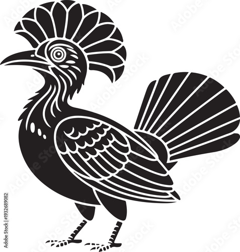 Stylized black Umbrella bird with fan tail, vector graphic