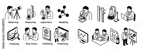 Science icons with microscope flask graph isometric