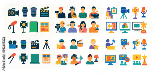 Media icons with camera microphone clapboard colorful