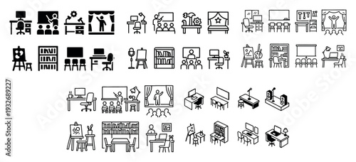 Education icons with teacher desk board outline