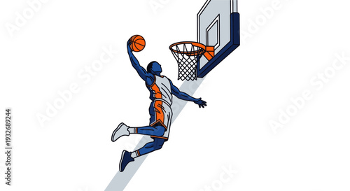 An illustration of a basketball player performing a slam dunk with orange ball, near basketball hoop. Vector graphic can be used for sport themed designs.